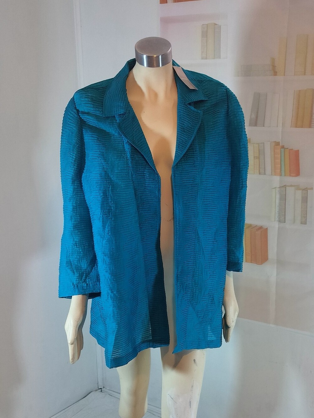 Chico's Teal Blue Textured Open-Front Jacket
